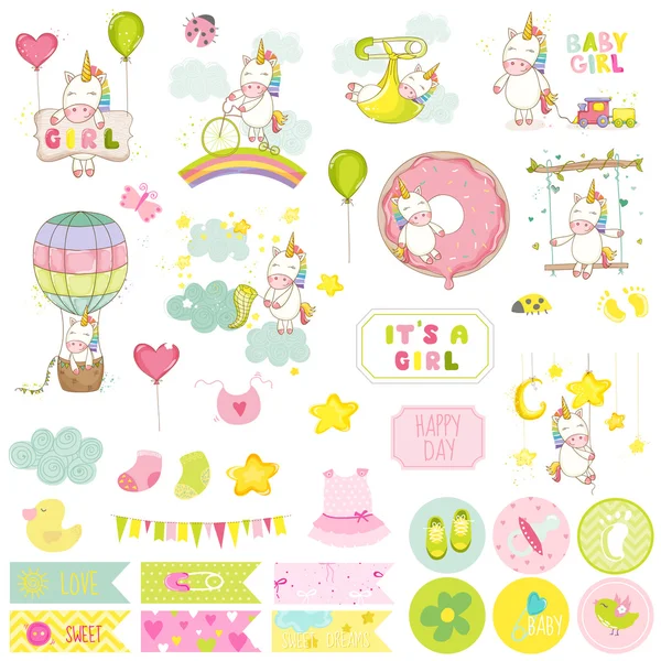 Baby Girl Unicorn Scrapbook Set. Vector Scrapbooking. Decorative Elements. Baby Tags. Baby Labels. Stickers. Notes. — Stock Vector