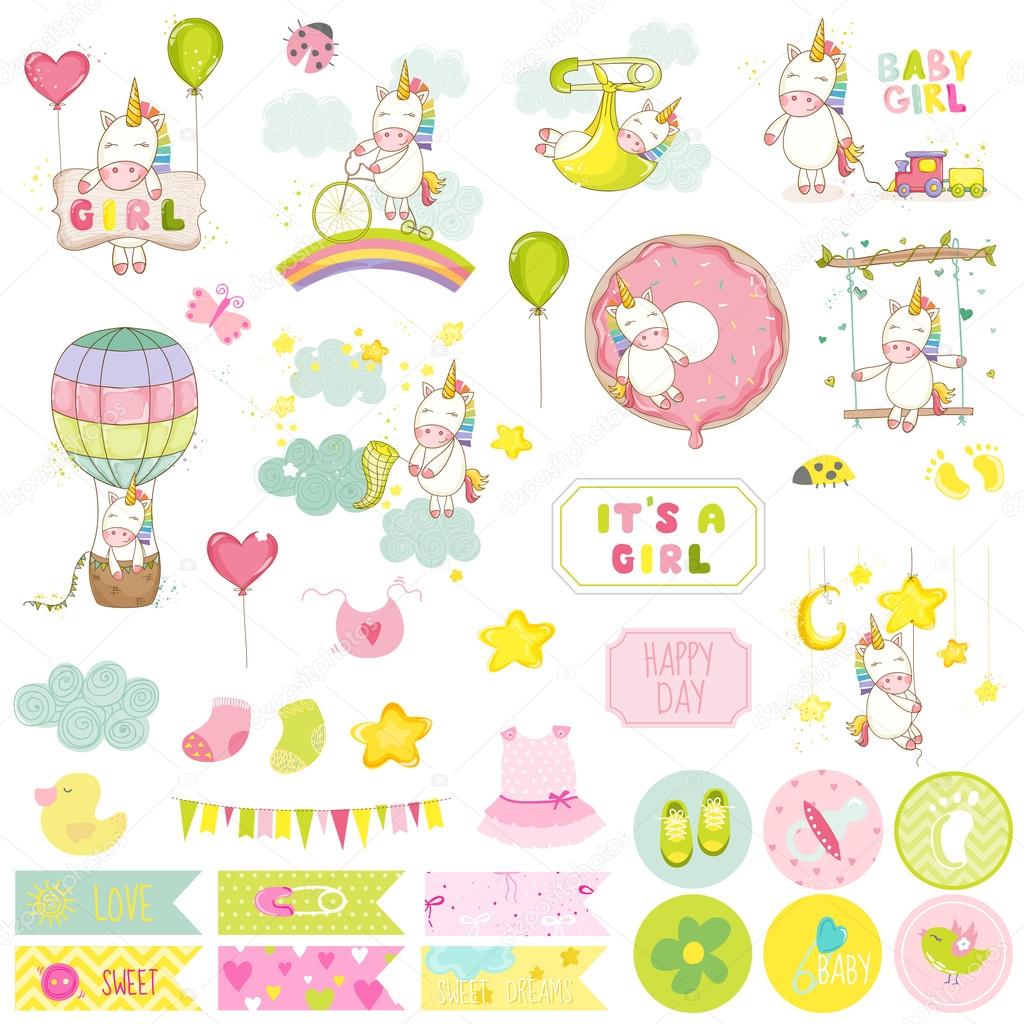 Baby Girl Unicorn Scrapbook Set. Vector Scrapbooking. Decorative