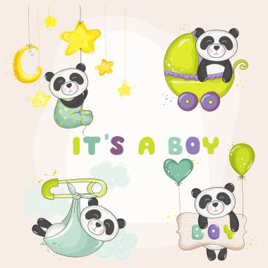 Bebek Panda Seti - Baby Shower veya Baby Arrival Cards için - vektör