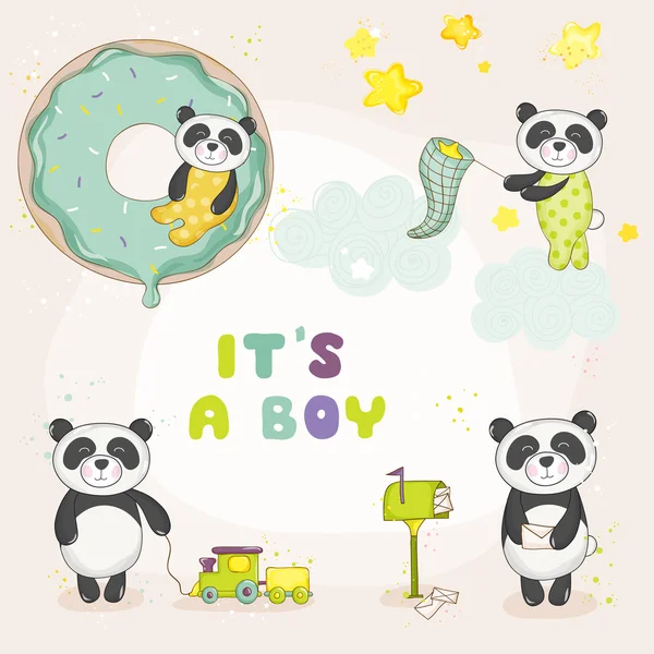 Conjunto de Panda para Bebê - para Chuveiro de Bebê ou Cartões de Chegada de Bebê - em vetor —  Vetores de Stock