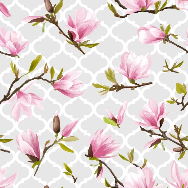 Zökkenőmentes virágminta. Magnolia Virágok és levelek háttér. Egzotikus Virág. Vektor — Stock Vector