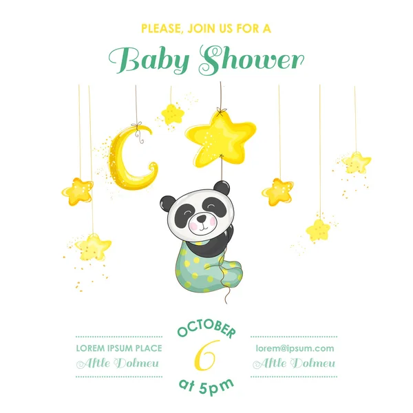 Baby Shower or Arrival Card - Baby Panda Catching Stars - in vector — Stock Vector