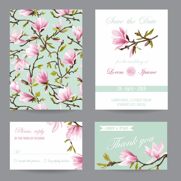 Bröllop inbjudan. Gratulationskort set. Spara datumet. Magnolia blommor. Vektor vykort. — Stock vektor