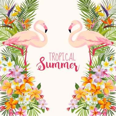 Tropik çiçekler. Flamingo kuşu. Tropikal arka plan. Tropikal vektör. Çiçek arka plan. Yaz arka plan. T-shirt tasarım.