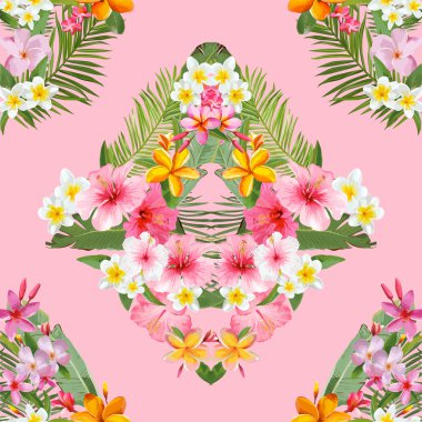 Tropikal çiçek ve yaprakları arka plan - Vintage Seamless Modeli - vektör