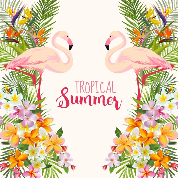 Tropische bloemen. Flamingo vogel. Tropische achtergrond. Tropische Vector. Florale achtergrond. Zomer achtergrond. T-shirt Design. — Stockvector