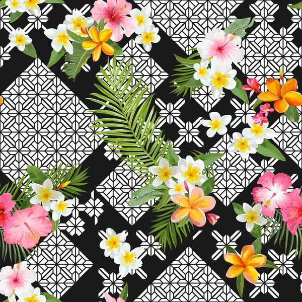 Tropiska blommor och lämnar bakgrund - Vintage Seamless mönster - i vektor — Stock vektor