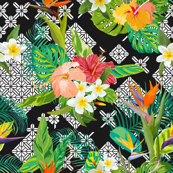 熱帯の花と葉のバック グラウンド ヴィンテージ シームレス パターン ベクトルの — ストックベクタ