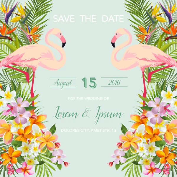 Sauve la date. Carte de mariage. Fleurs tropicales. Flamingo Bird. Carte tropicale. Vecteur tropical. Contexte floral . — Image vectorielle