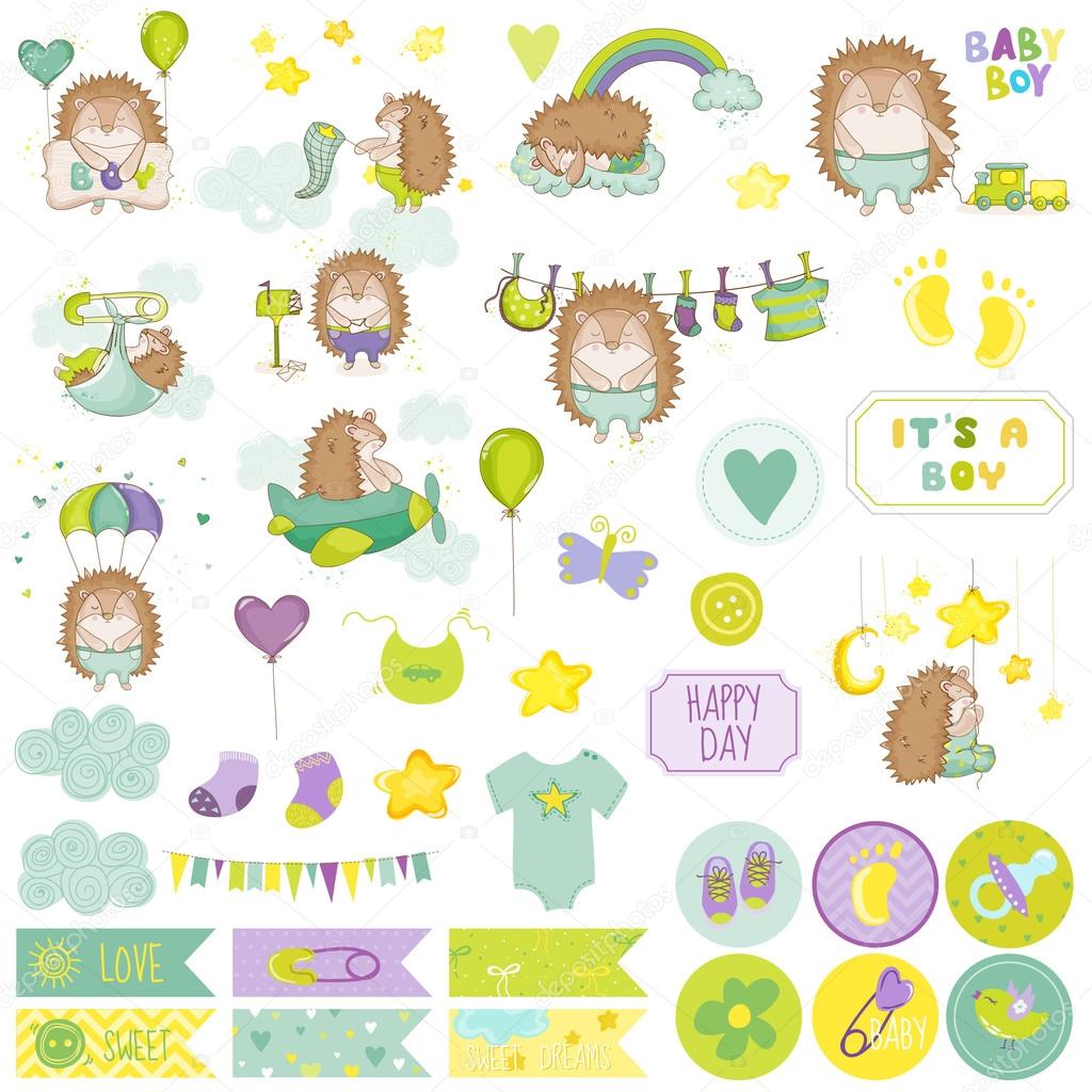 Baby Boy Hedgehog Scrapbook Set. Vector Scrapbooking. Decorative Elements.  Baby Tags. Baby Labels. Stickers. Notes. Stock Vector by ©woodhouse  112099990