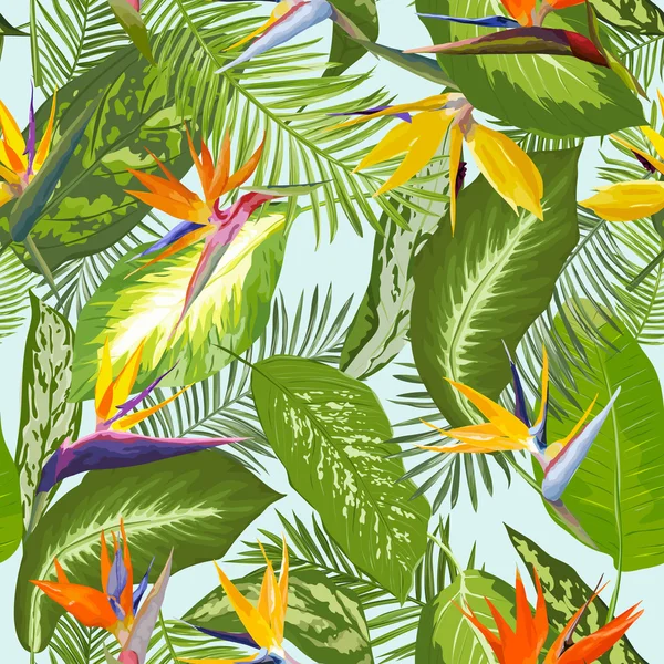 Seamless modeli. Tropikal palmiye yaprakları arka plan. Tropik çiçekler. Vektör tasarımı — Stok Vektör