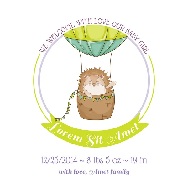 Baby Shower or Arrival Card - Baby Hedgehog and Air balloon - in vector — Stock Vector