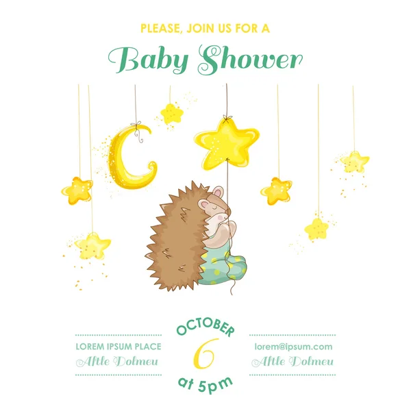 Baby Shower or Arrival Card - Baby Hedgehog Catching Stars - in vector — Stock Vector