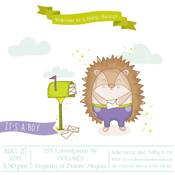 Baby Shower o tarjeta de llegada - Baby Hedgehog con buzón - en vector — Archivo Imágenes Vectoriales