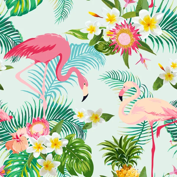 Tropische bloemen en vogels achtergrond. Vintage naadloze patroon. Vector achtergrond. Flamingo patroon. — Stockvector