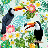 Tropical Flowers and Birds Background. Vintage Seamless Pattern. Vector Background. Toucan Pattern.