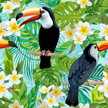 Tropikal Çiçekler ve Kuşlar Arka Plan. Toucan Bird. Vintage Dikişsiz Desen. Vektör Arka Planı. 