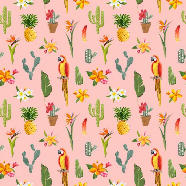 Tropische achtergrond. Papegaai vogel. Cactus achtergrond. Tropische bloemen. Naadloos patroon. Vector — Stockvector