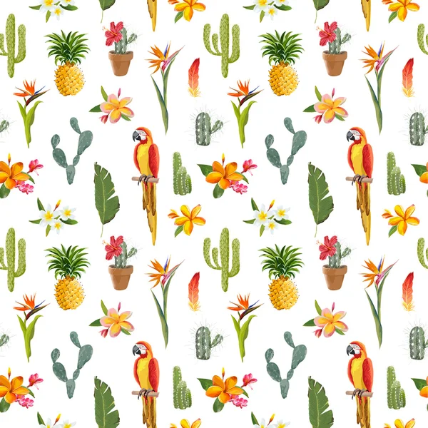 Fundo Tropical. Pássaro de papagaio. Cactus Background. Flores tropicais. Padrão sem costura. Vetor —  Vetores de Stock