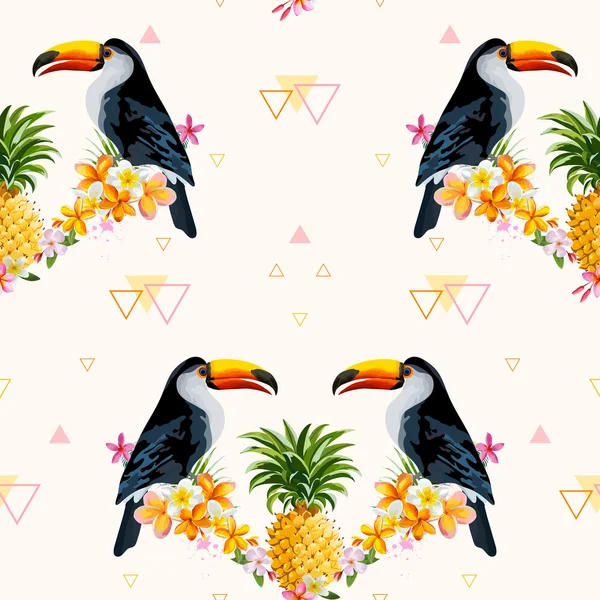 Geometryczne ananas i Toucan tle. Tropikalny ptak. Bezszwowy wzór. Tło wektorowe. Tropikalna tekstura. — Wektor stockowy