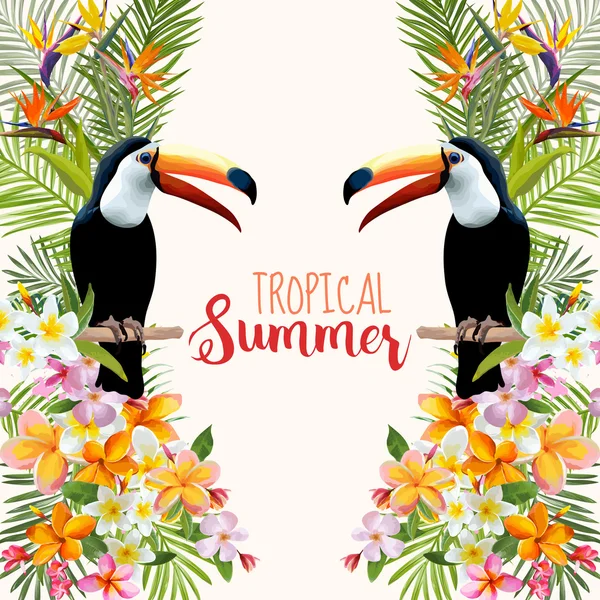 Tropiska blommor. Toucan fågel. Tropisk bakgrund. Tropisk vektor. Blommig bakgrund. Sommar bakgrund. T-shirt design. — Stock vektor