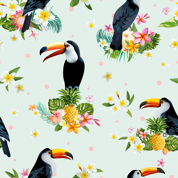 Toucan fågel. Tropiska blommor bakgrund. Retro sömlösa mönster. Vektor bakgrund. — Stock vektor