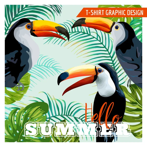 Tropisch grafisch ontwerp. Toucan en tropische bloemen. T-shirt Fashion prints. Vector achtergrond. — Stockvector
