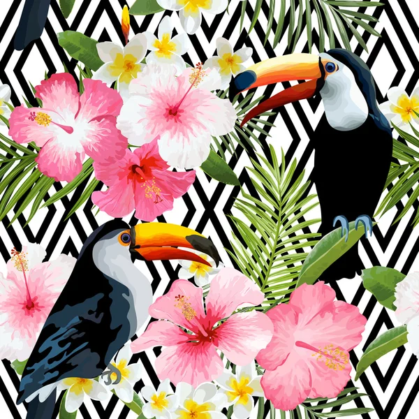 Pássaros e flores tropicais. Contexto geométrico. Padrão sem costura vintage. Pássaro Toucan. Contexto do vetor . — Vetor de Stock