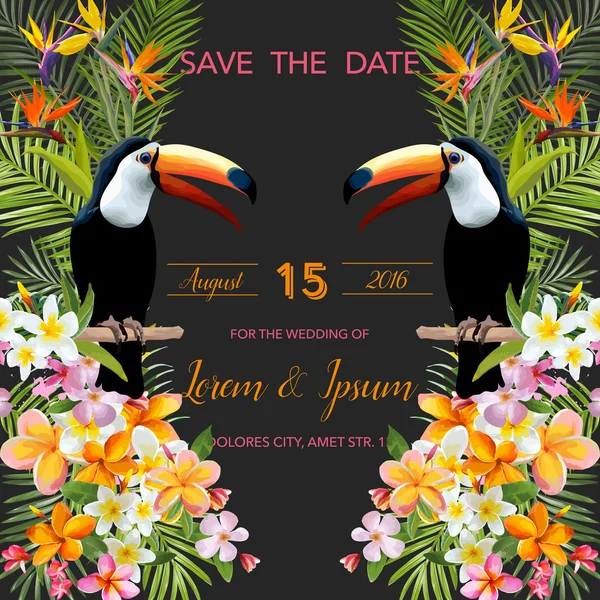 Fleurs tropicales. Toucan Bird. Sauve la date. Carte tropicale. Vecteur tropical. Carte de mariage. Contexte floral . — Image vectorielle