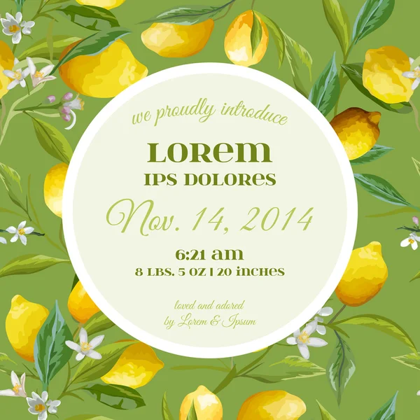 Baby Arrival or Shower Card - with Lemon Floral Design - in vector — Stockvector