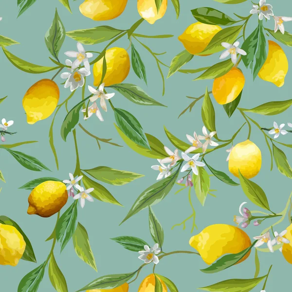 Безшовний шаблон. Лимонні фрукти Фон. Квітковий візерунок. Квіти, листя, лимони. Векторний фон . — стоковий вектор