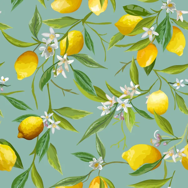 Naadloze patroon. Citroen fruit achtergrond. Bloemmotief. Bloemen, bladeren, citroenen achtergrond. Vector achtergrond. — Stockvector