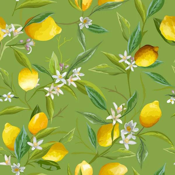 Nahtloses Muster. Zitronenfrüchte. Blumenmuster. Blumen, Blätter, Zitronen Hintergrund. Vektorhintergrund. — Stockvektor