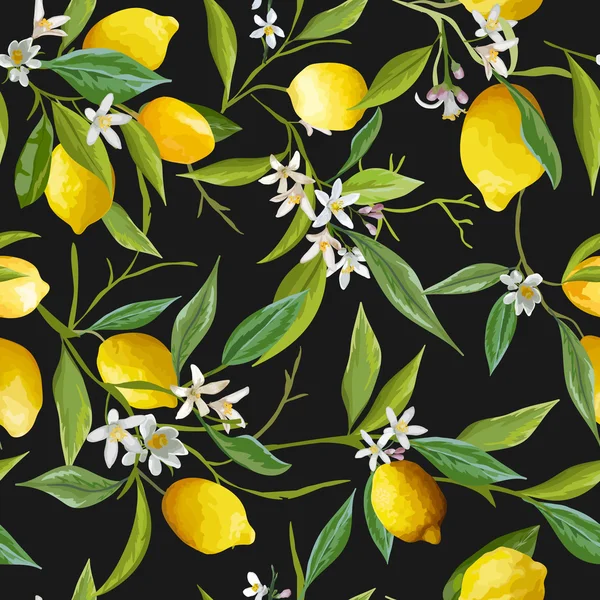 Seamless Pattern. Lemon Fruits Background. Floral Pattern. Flowers, Leaves, Lemons Background. Vector Background. — Stock Vector