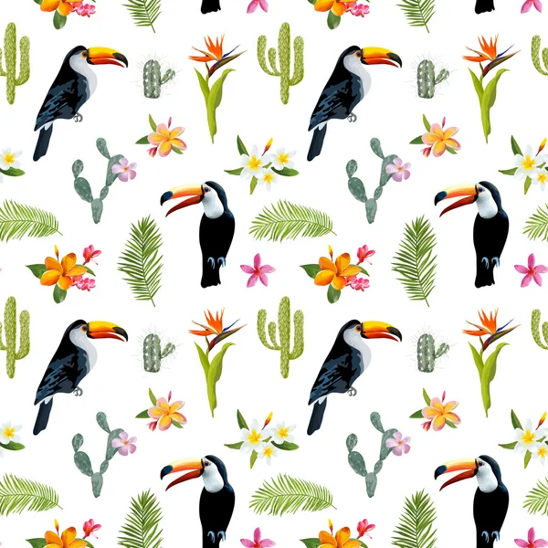 Fundo Tropical. Pássaro Toucan. Cactus Background. Flores tropicais. Padrão sem costura. Vetor —  Vetores de Stock