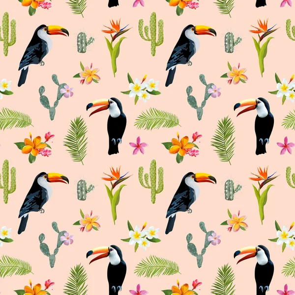 Contexte tropical. Toucan Bird. Cactus Contexte. Fleurs tropicales. Modèle sans couture. Vecteur — Image vectorielle