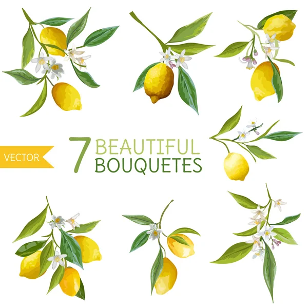 ヴィンテージ レモン、花と葉。レモンの Bouquetes。水彩風レモン。フルーツのベクトルの背景. — ストックベクタ