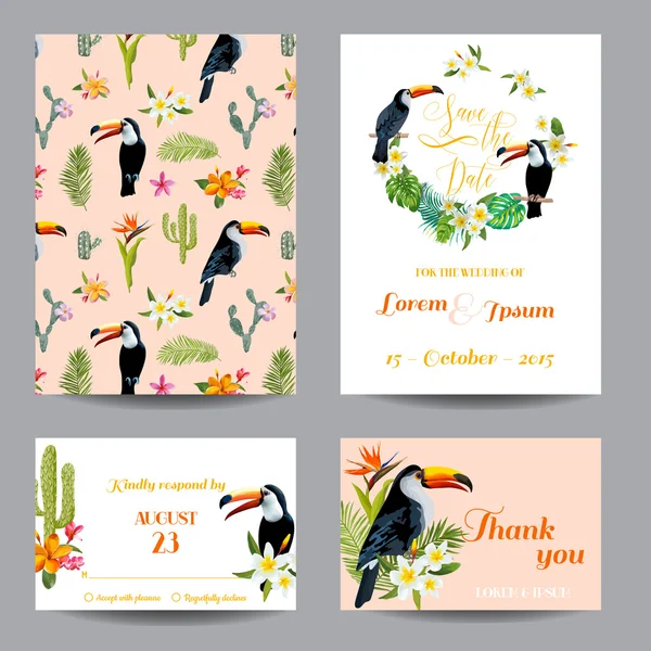 Sla de datum. Bruiloft Card. tropische bloemen. Toucan Bird. Tropische Card. tropische Vector. Florale achtergrond. — Stockvector