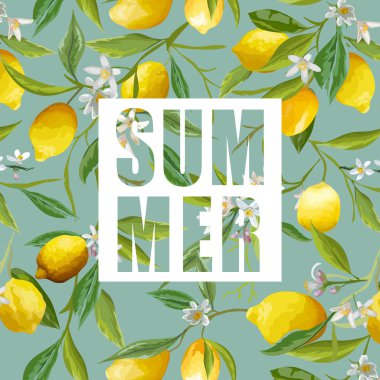 Limon, çiçek ve yaprakları. Vektör arka plan. Egzotik grafik arka plan. Tropikal afiş. 