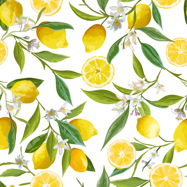 Naadloze patroon. Citroen fruit achtergrond. Bloemmotief. Bloemen, bladeren, citroenen achtergrond. Vector achtergrond. — Stockvector