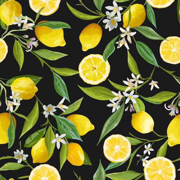 Patrón sin costuras. Fondo de frutas de limón. Patrón floral. Flores, Hojas, Limones Fondo. Fondo vectorial . — Vector de stock