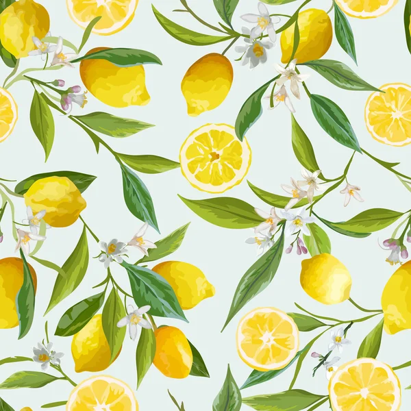 Seamless Pattern. Lemon Fruits Background. Floral Pattern. Flowers, Leaves, Lemons Background. Vector Background. — Stock Vector