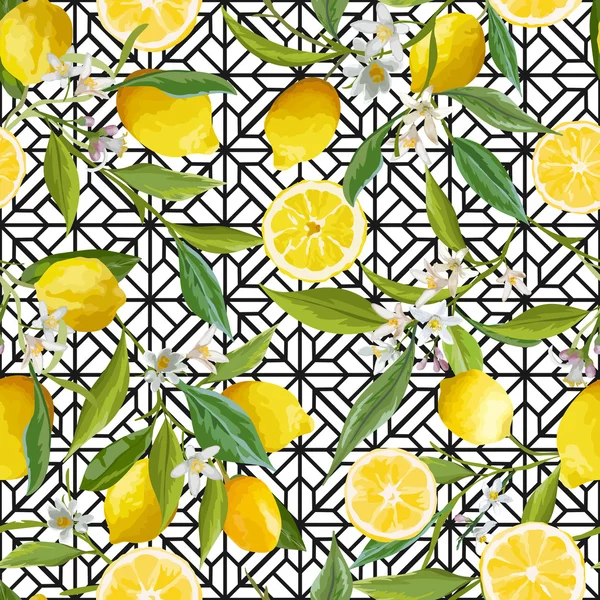 Modèle sans couture. Citron Fruits Contexte. Floral Pattern. Fleurs, feuilles, citrons Contexte. Contexte vectoriel . — Image vectorielle