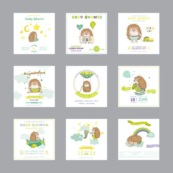 Baby sprcha karty příjezdu Baby Card. Ježek chlapeček. Vektorové Set. — Stockový vektor