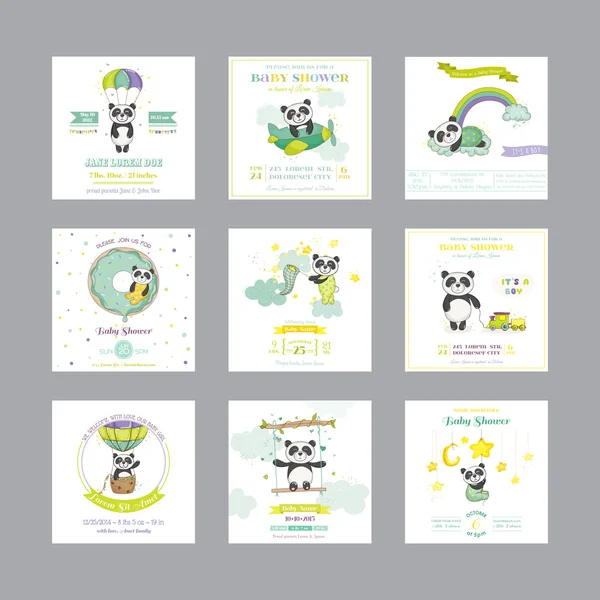 Baby Shower Card. Arrival Baby Card. Baby Panda Animal. Vector Set. — Stockvector