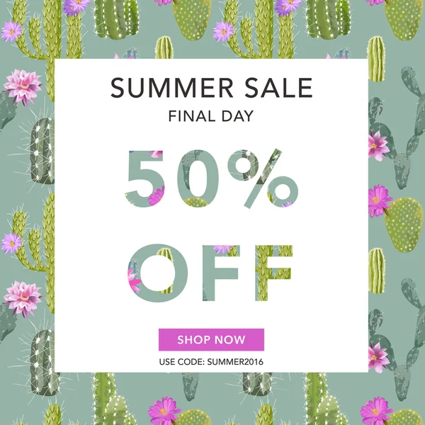 Banner de venda de verão. Fundo da venda. Fundo floral. Cartaz de venda de cacto. Ilustração vetorial. 50% fora — Vetor de Stock