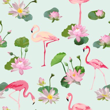 Flamingo Bird ve nilüfer çiçekleri arka plan. Retro Seamless modeli. Vektör doku. 