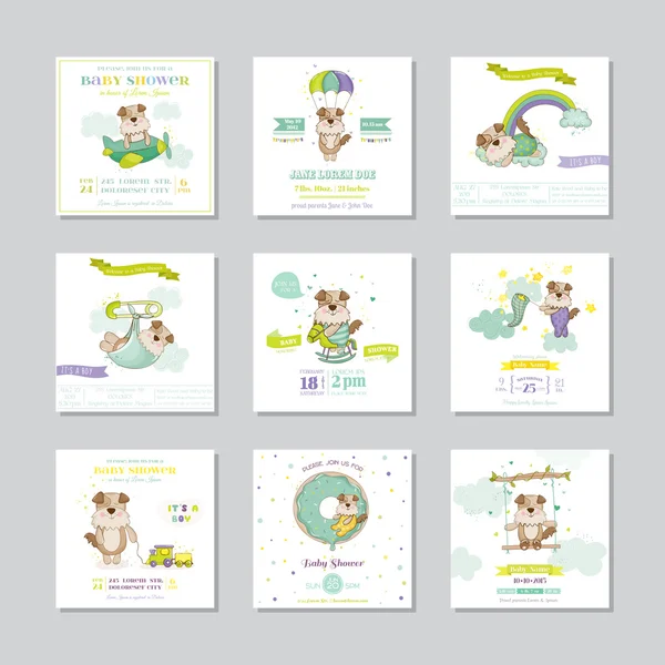 Baby sprcha Card. příjezdu Baby Card. psa chlapeček. Vektorové Set. — Stockový vektor