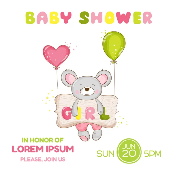 Baby Shower or Arrival Card - Baby Mouse Girl - in vector — Stock Vector