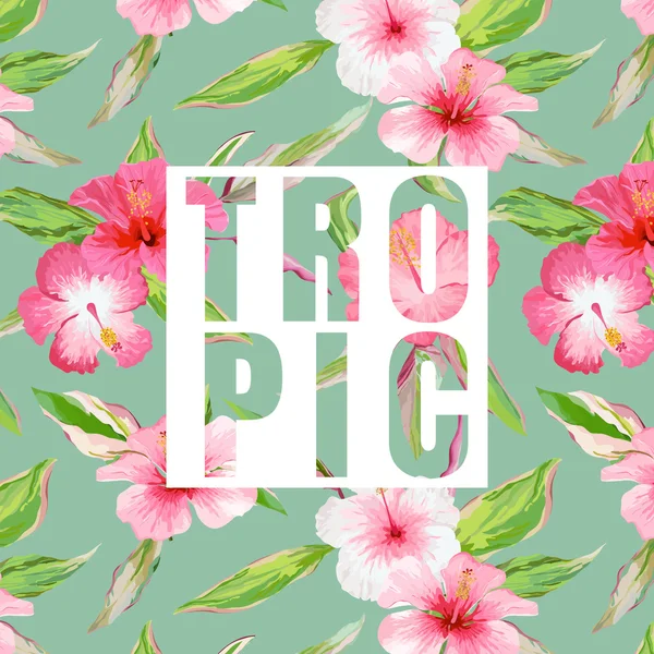 Folhas tropicais e flores fundo. Projeto gráfico de t-shirt em Vector — Vetor de Stock